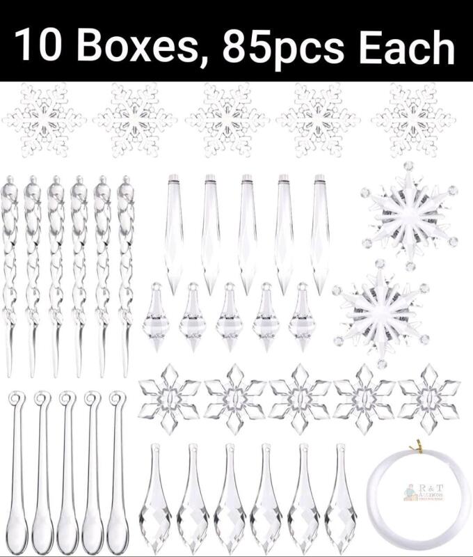 10 New 85 PCS Christmas Decoration Acrylic Snowflake Icicles Christmas Tree Icicle Snowflake with Crystal Line Ornaments Set for Christmas Party Decorations