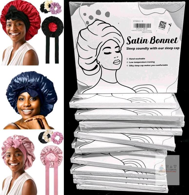14 New Assorted Colours AWAYTR 2 Layered Satin Bonnet for Women Tie Band Hair Bonnet for Sleeping Silk Sleeping Caps, Some With Bonus Scrunchies
