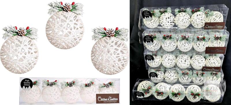 8 New Packs of 5 Christmas Traditions 4 inch Glittered Rattan Christmas Ball Ornaments Hanging Tree Decorations (Platinum White, 40 Ornaments Total)