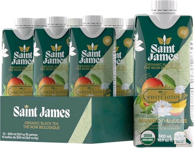 New Saint James Iced Tea x The White Lotus Limited Edition - Organic Black Tea - Non-GMO, Gluten Free, Zero Calorie, Zero Sugar - Mango, 12 Pack (500ml eacvlh, BB 10/Dec/2026)