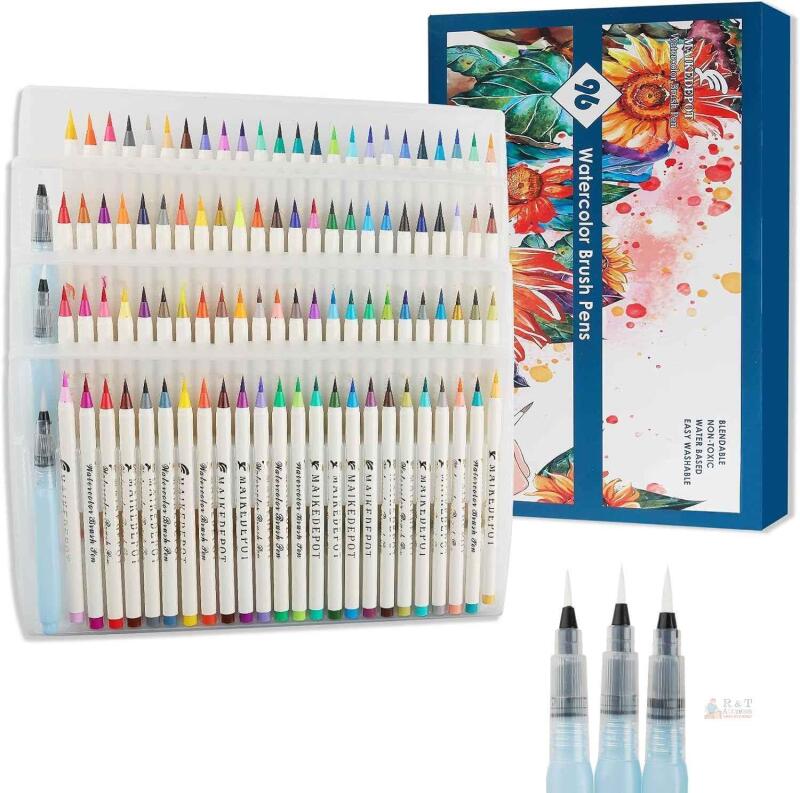 NEW MAIKEDEPOT Watercolor Brush Pen Set, 96 Colors, Water-Based, Flexible Nylon Tips, Barcode 6974710360553