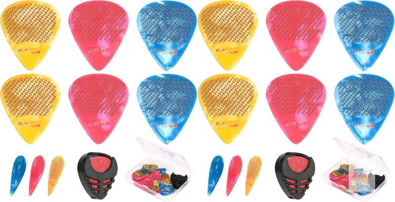 30 New Guitar Picks, 0.46 0.71 0.96 mm Includes Thin Medium Heavy Thickness, Three Colors Non-slip Celluloid Plectrums for Bass Electric Acoustic Guitars Ukulele (15pcs Twill Picks per Case, 2 Cases)