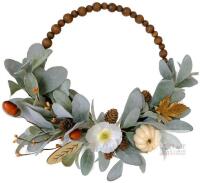 TEMPUS 16" Fall Wood Bead Rabbit Ear Leaf Front Door / Indoor Decor Wreath