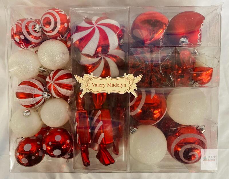 NEW Valery Madelyn 108ct Red & White Christmas Ornaments Set, Shatterproof, Assorted Balls & Shapes