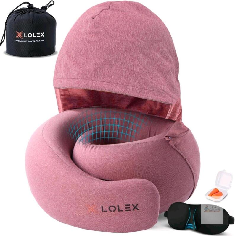 New LOLEX Hooded Pro Travel Pillow - Memory Foam Neck Support Pillow for Airplane, Flight - Super-Soft Cationic Fabric, Maximum Privacy & Light-Block Design, Lightweight Full Travel Kit - Rose Pink