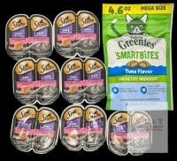 bb 2027 New Feline GREENIES Smartbites Tuna Flavor Treats (130g) & 7 SHEBA Pat&eacute; Sustainable Salmon Wet Cat Food, Perfect Portion Double Servings (3.75g Per Side)