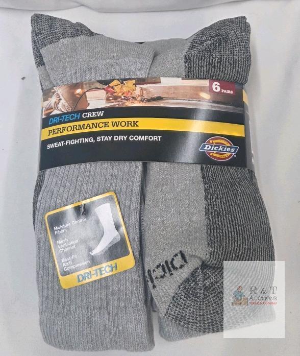 NEW LG Dickies Dri-Tech Performance Work Crew Socks, 6 Pairs, Moisture Control, Grey, Size Not Listed