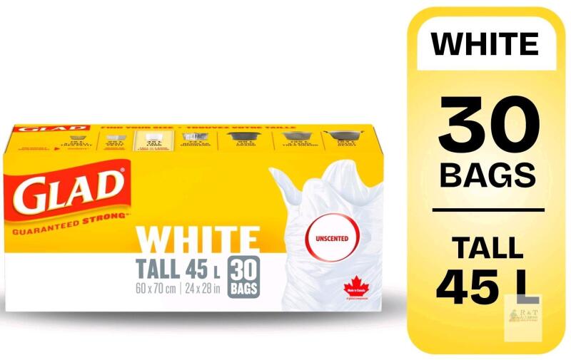 New GLAD White Garbage Bags - 60 Bags - Tall 45 Litres, 24" &times; 28", With Febreeze Fresh Clean Scent