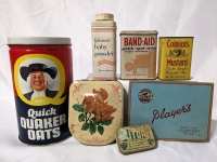 Vintage Collectable Tins: Quaker Oats, Player's Cigarettes, Baby Powder. bandaids & More!