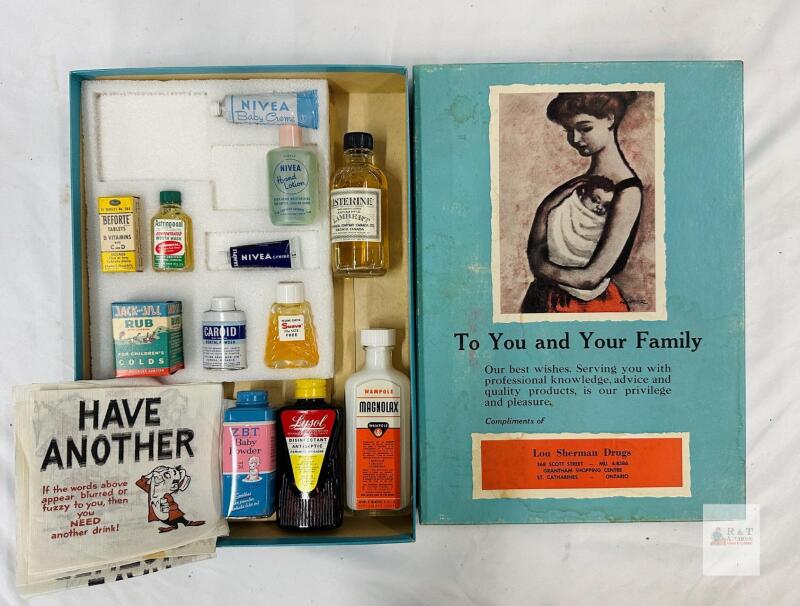 Vintage 1950s-60s Pharmacy Sample Kit, Lou Sherman Drugs Canada, 12 Retro Mini-Products, Complete