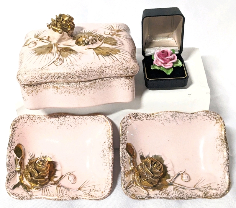 Vintage Coalport China Rose Pin, 2 Pinecone Trinket Dishes & Matching Trinket Box Made in Japan.