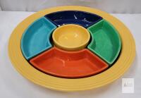 Vintage Fiestaware Yellow Relish Tray w/5 Color Inserts . Tray measures 10 ⅞" diameter . Blue Insert Has Chips