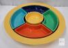 Vintage Fiestaware Yellow Relish Tray w/5 Color Inserts . Tray measures 10 ⅞" diameter . Blue Insert Has Chips
