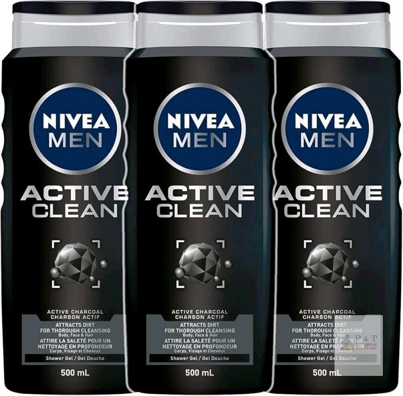 New NIVEA MEN Active Clean Shower Gel Bundle (Pack of 3), 3-in-1 Men Body Wash with Active Charcoal for Body, Face & Hair, For All Skin Types, Fresh Fragrance 3 x 500 ml