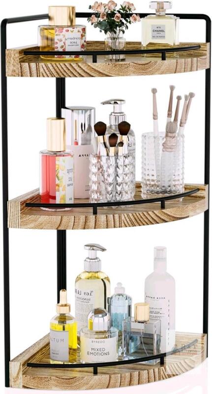 New CeleVista Corner Bathroom Counter Organizer, 3 Tier Wood Vanity Storage, Waterproof Skincare Shelf for Kitchen & Toiletries Decor, Dresser(Rustic Brown)