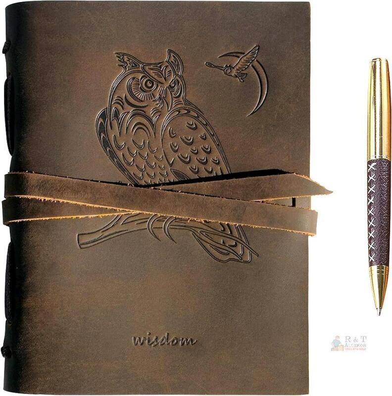 New OWL Design Genuine Buffalo Leather Journal - Embossed Wisdom Owl | 300 Pages A5 Handmade Travel Diary, Vintage Writing Bound Notebook Antique Soft Rustic 6"x8" | 21x15 cm Engraved Unlined Paper for Notes Perfect Sketchbook + Pen | Stylo