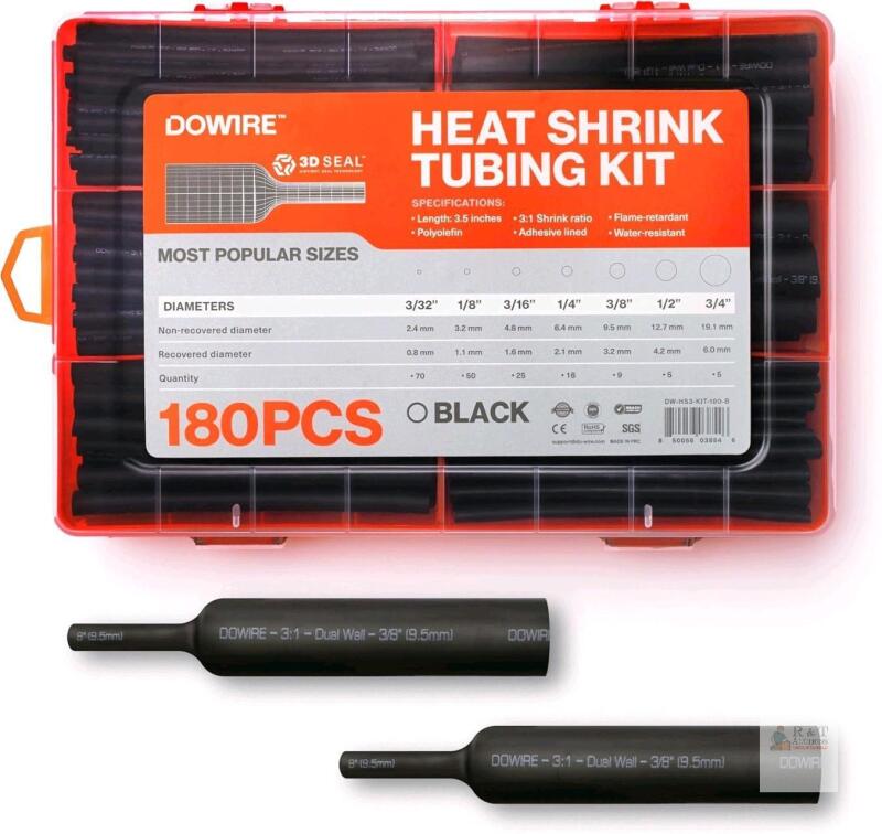 New Dowire Heat Shrink Tubing Kit - 3:1 Ratio - Adhesive Lined - Wire Shrink Wrap Tubing - Waterproof Marine Grade Shrink Tube - 180 PCS - Black