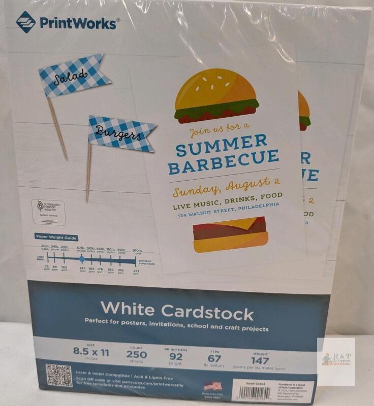 PrintWorks White Cardstock 8.5x11", 67 lb Vellum, 250 Sheets, 92 Bright, Acid-Free, Made in USA