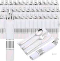 New 60pcs Meinv Rolled Silverware Set with Napkins, Spoons, Forks, Knives - Premium Disposable Heavy Duty Plastic Utensils for Wedding Party Dinner