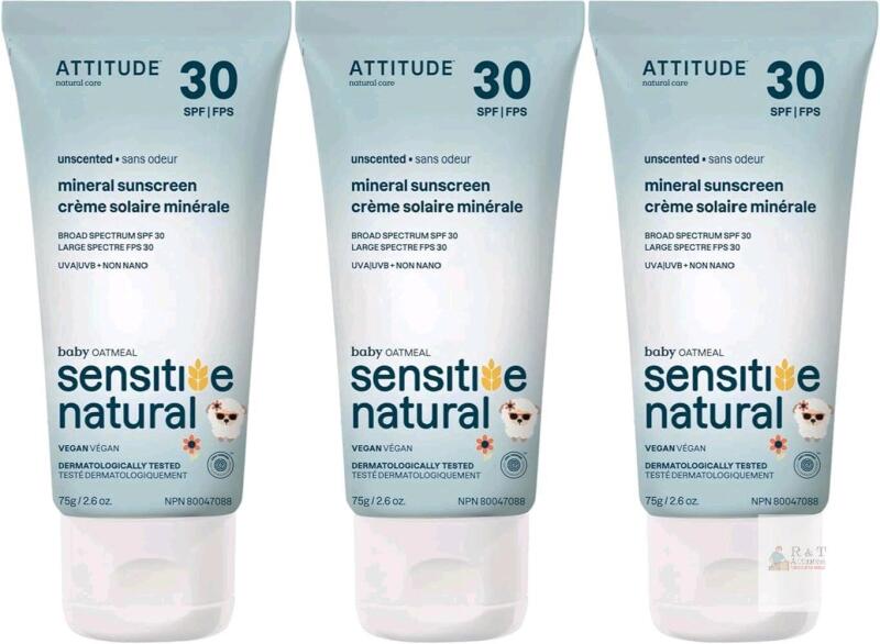 [exp 2028] 3 New ATTITUDE Mineral Sunscreen for Baby and Kids with Sensitive Skin, Made in Canada, EWG Verified, Broad Spectrum UVA/UVB, Dermatologically Tested, Plant and Mineral-Based Formula, Vegan, SPF 30, Unscented, 75 grams