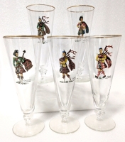 Vintage Scottish Highlander Clan Tartan Stemmed Pilsner Glasses.