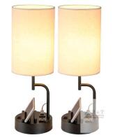 Two (2) New Dreamholder Table Lamp w/3 USB Charging Ports, AC Outlet & 2 Phone Slots, USB Desk Lamp with Black Base and Cream Linen Shade . 18" tall
