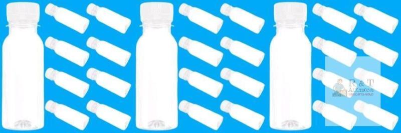 24 New Plastic 100ml Juice Bottles, Reusable with Caps (3 Packs of 8 Bottles With 8 Caps)