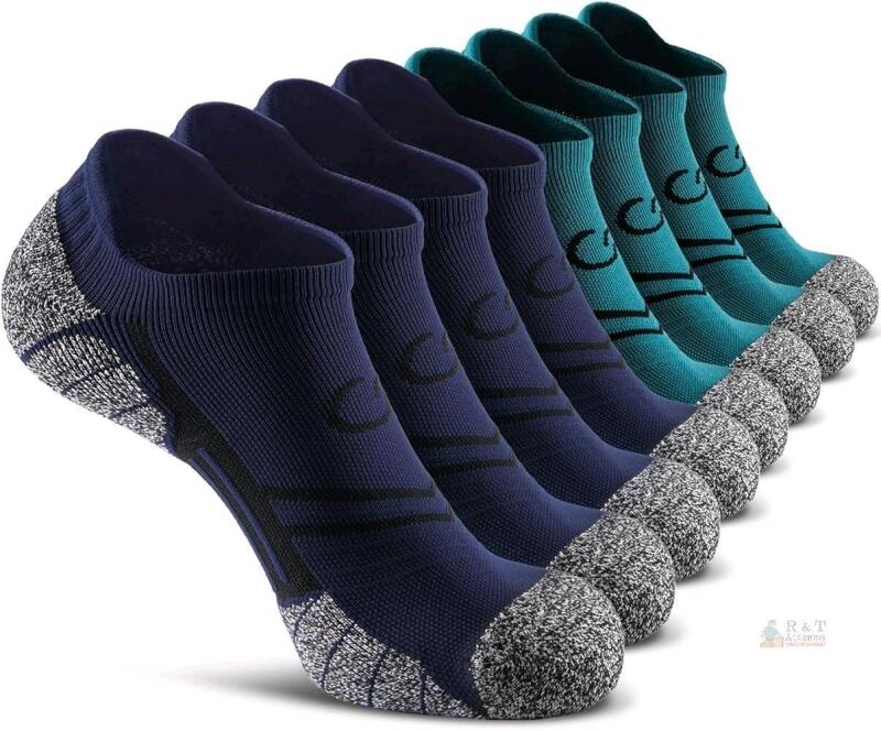 New Size XL Unisex 8-Pack - Navy Blue/Aqua Green - CWVLC No-Show Cushioned Compression Athletic Ankle Socks