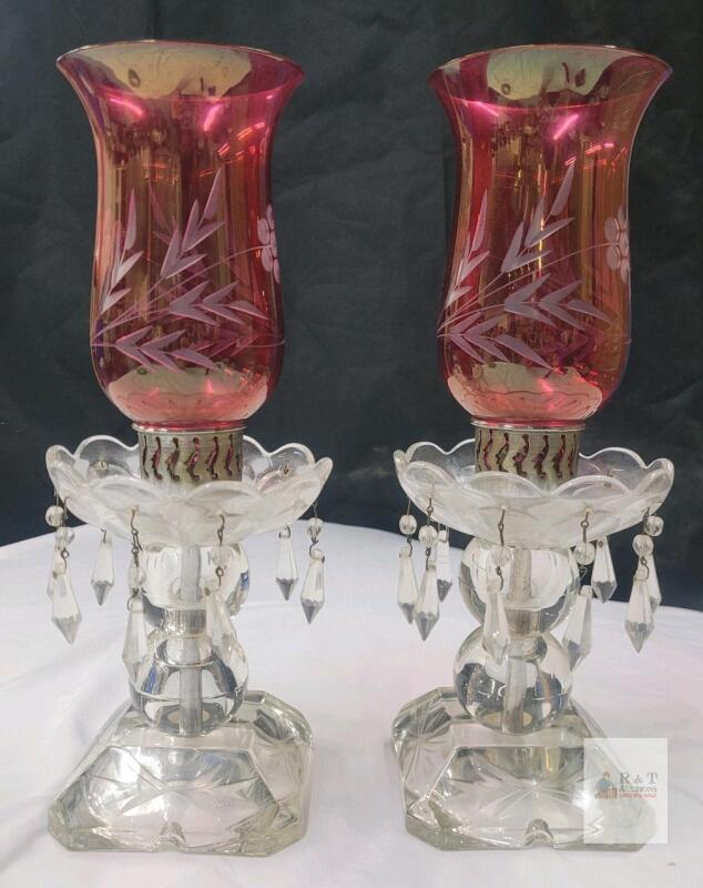 Vintage Cranberry Red Hurricane & Crystal Candle Holders . Measures 12" tall . Can be wired to make table lamps . Missing 1 hanging crystal