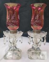 Vintage Cranberry Red Hurricane & Crystal Candle Holders . Measures 12" tall . Can be wired to make table lamps . Missing 1 hanging crystal
