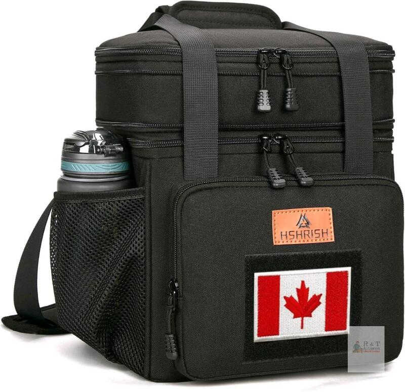 New -Black- Double Decker Extra Large Tactical Lunch Bag for Adults, Canadian Flag Patch - Leakproof Insulated Lunch Bag with Shoulder Strap, Lunch Cooler Box for Men Work Outdoor Picnic Trips