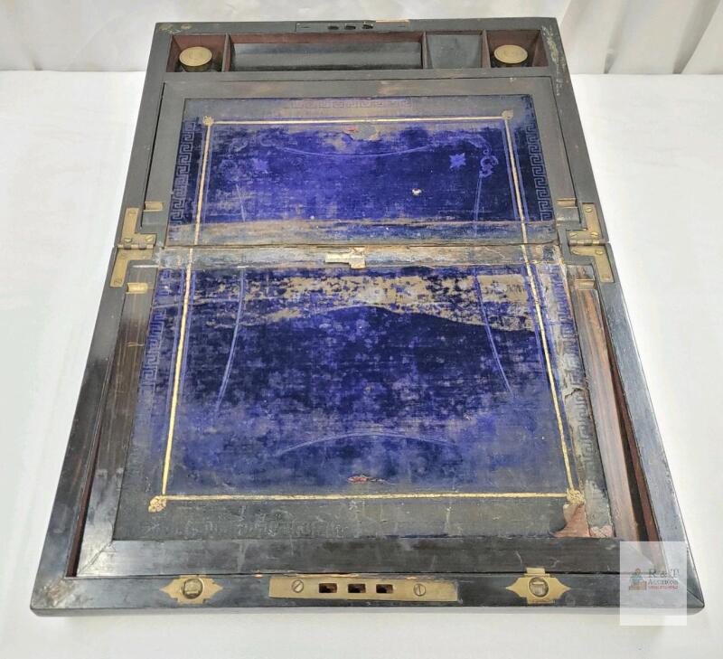 Vintage Travel Wooden Writing Desk w/Ink Wells . Measures 14"&times;9.5"&times;5 &frac34;"
