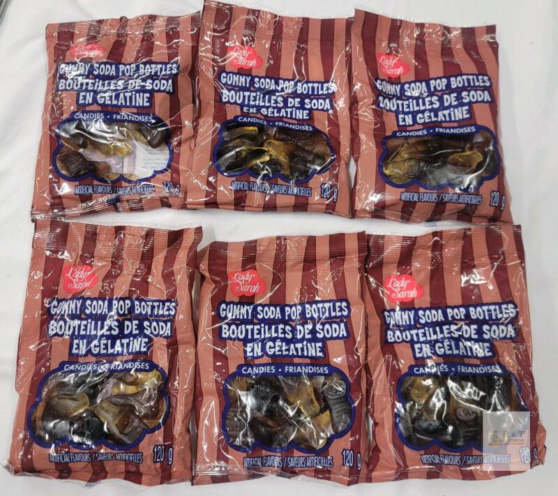 6-Packs New Lady Sarah Gummy Soda Pop Bottles . 120g bags . No best before date