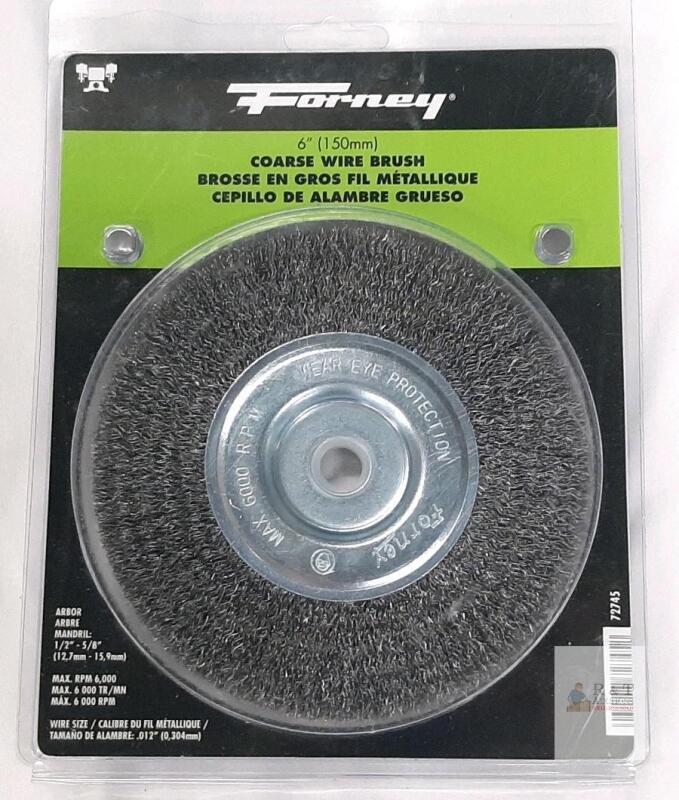 Forney 72745 6" Coarse Crimped Wire Wheel Brush, 0.012" Steel Wire, 1/2"-5/8" Arbor, 6,000 RPM