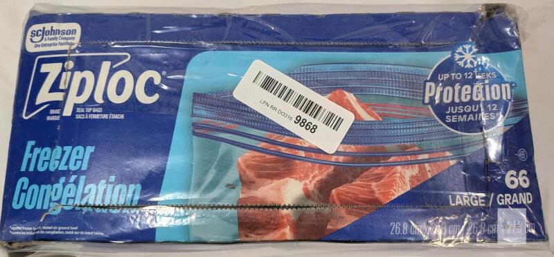 Ziploc Large Freezer Bags 66 Count, Double Zipper, BPA-Free, 10-9/16"x10-3/4" Pack