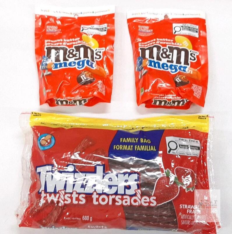Twizzlers Strawberry Twists 680g Family Bag & 2x M&M's Mega Peanut Butter 155g Bags, 2025-2026 Expiry