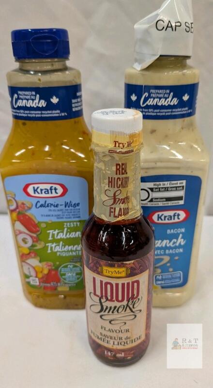Kraft Zesty Italian & Bacon Ranch 425mL Dressings + TryMe Hickory Liquid Smoke 147mL Bottles best before 2025-2026