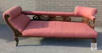 Victorian-Style Fainting Couch with Carved Hardwood Frame and Pink Damask Upholstery-23" &times; 70" &times; 29" Tall. Vintage. No strong odors. Wear throughout upholstery. Wheels roll well with dune squeaking. R&T's own Mike used to show scale.