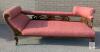 Victorian-Style Fainting Couch with Carved Hardwood Frame and Pink Damask Upholstery-23" &times; 70" &times; 29" Tall. Vintage. No strong odors. Wear throughout upholstery. Wheels roll well with dune squeaking. R&T's own Mike used to show scale.