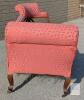 Victorian-Style Fainting Couch with Carved Hardwood Frame and Pink Damask Upholstery-23" &times; 70" &times; 29" Tall. Vintage. No strong odors. Wear throughout upholstery. Wheels roll well with dune squeaking. R&T's own Mike used to show scale. - 4