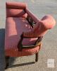 Victorian-Style Fainting Couch with Carved Hardwood Frame and Pink Damask Upholstery-23" &times; 70" &times; 29" Tall. Vintage. No strong odors. Wear throughout upholstery. Wheels roll well with dune squeaking. R&T's own Mike used to show scale. - 6