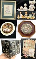 Vintage Precious Moments Figurines, Framed 12" &times; 16" Stitch Art & Mini Snow Globe, Ceramic Figures, Personalized Silverplate Blocktoy Bank, Scioto Molds Ceramic Musical Box Bunnies & 2&times; Collectable Plates in Frames