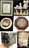 Vintage Precious Moments Figurines, Framed 12" &times; 16" Stitch Art & Mini Snow Globe, Ceramic Figures, Personalized Silverplate Blocktoy Bank, Scioto Molds Ceramic Musical Box Bunnies & 2&times; Collectable Plates in Frames