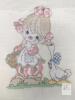 Vintage Precious Moments Figurines, Framed 12" &times; 16" Stitch Art & Mini Snow Globe, Ceramic Figures, Personalized Silverplate Blocktoy Bank, Scioto Molds Ceramic Musical Box Bunnies & 2&times; Collectable Plates in Frames - 8