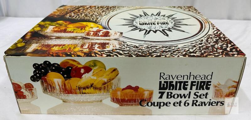 Vintage Ravenhead White Fire 7-Piece Glass Bowl Set with Original Box