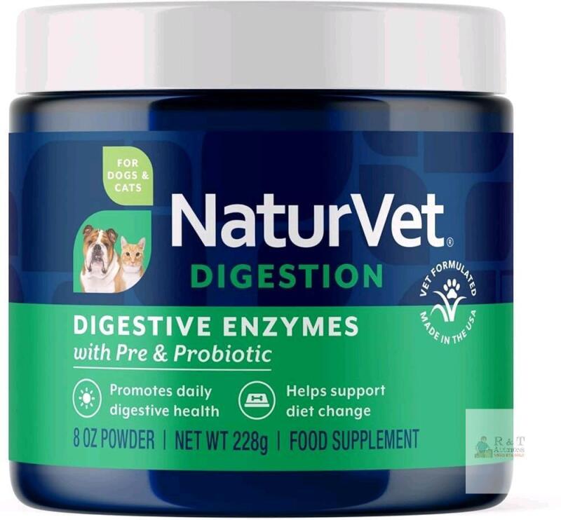 New NaturVet Digestive Enzymes Plus Probiotic for Dogs and Cats, 8 oz / 228g Powder, (bb 01/2029)