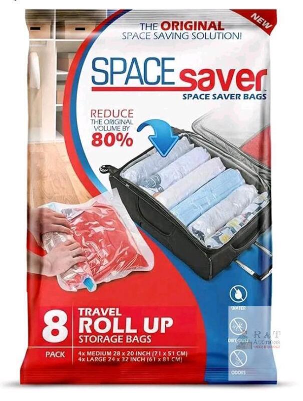 New - Spacesaver Premium Roll-up Storage Bags for Max Space Saving! 80% More Storage! No Pump or Vacuum Needed - Perfect for traveling! (Travel 8 Pack)