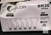 Box damaged but product not affected Evelor BR30 LED Bulb, 7W (65W Eq), 800 lm, 5000K Daylight, E26, Dimmable, 6 Pack, ETL