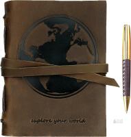 New - World - Leather Journal World Map Notebook Embossed Handmade Travel Diary, A5 Vintage Writing Bound Journal For Men & For Women Genuine Antique Rustic Leather 6"x8" Engraved Perfect for Notes Sketchbook + Pen