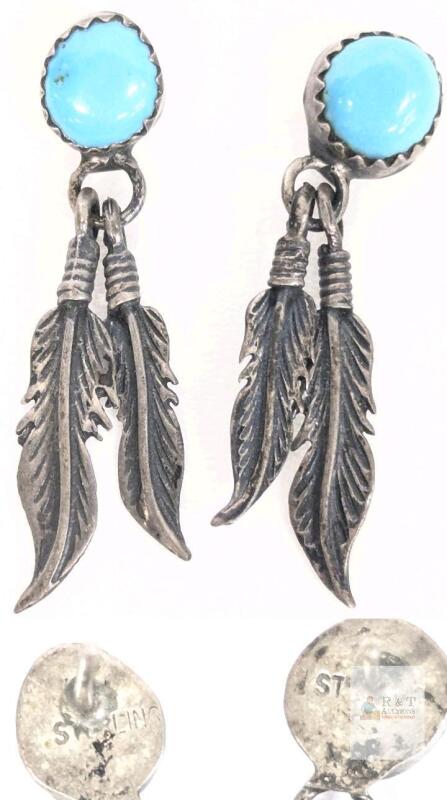 Pair of Vintage Stamped STERLING , Sterling Silver & Turquoise Double Feather Native-Style Earrings, Pierced, 1.25" Long